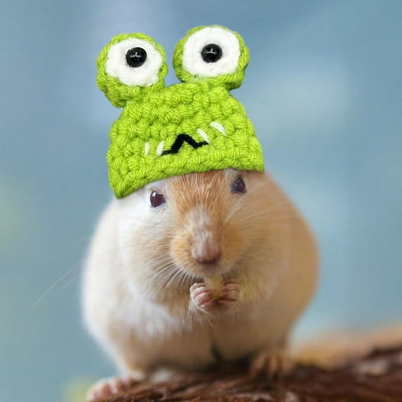 Diceymbol Small Animal Knit Hat Collection Bunny/Frog/Mushroom Designs for Syrian Hamsters, Chinchillas & Parakeets Adjustable Strap Miniature Pet Fashion