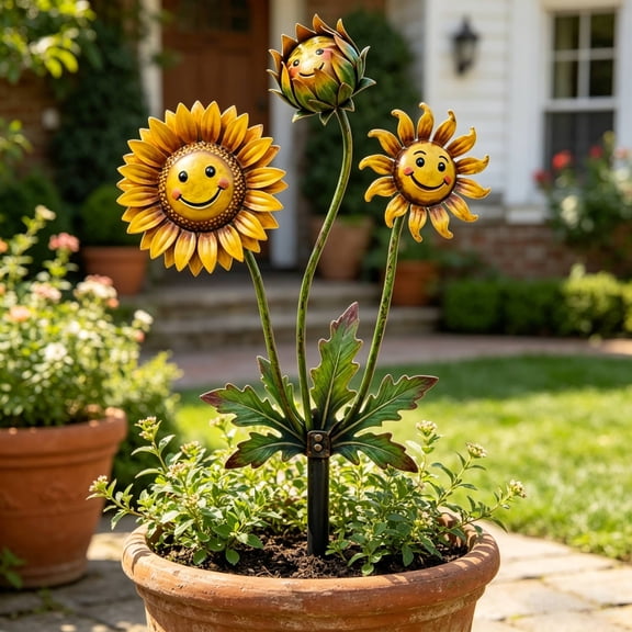 Diceymbol Smiling Sunflower Metal Garden Stake Cheerful Decor for Yard Patio Flower Bed 11.82 Inch
