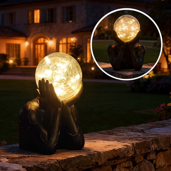 Diceymbol Solar Abstract Figure Statue with Cracked Glass Ball Resin Sculpture Waterproof Warm LED for Patio Lawn Tabletop Decor 6In