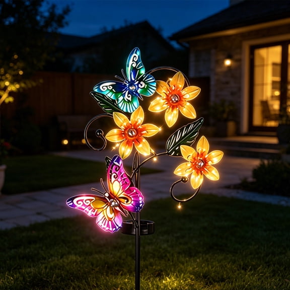 Diceymbol Solar Bee Flower Garden Stake Light Hand‑Painted Metal Rhinestone Decor Waterproof Solar Powered Light for Lawn Patio Backyard Outdoor Decor 32In