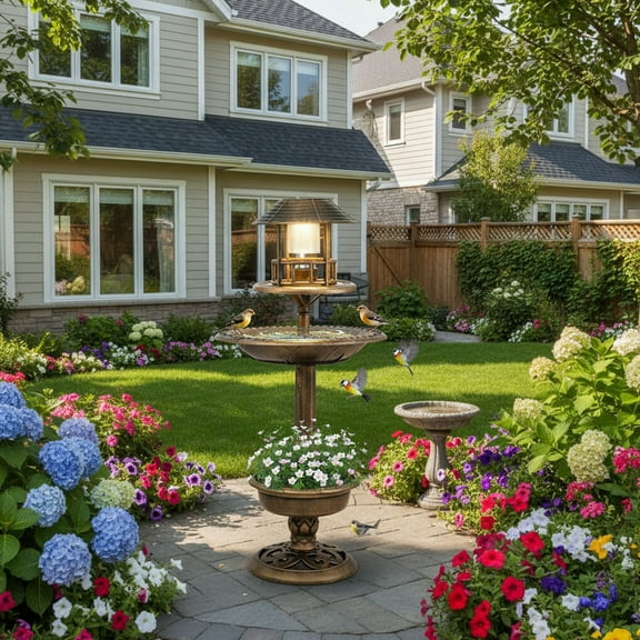 Diceymbol Solar Bird Bath with LED Light 37.4 Inch, Vintage Double Layer Feeder & Waterer