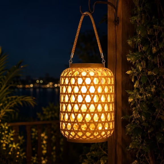 Diceymbol Solar Rattan Lanterns Outdoor Waterproof Hand-Woven Solar Hanging Lanterns Warm White LED Lights for Patio Garden Yard Decor 8x5 In