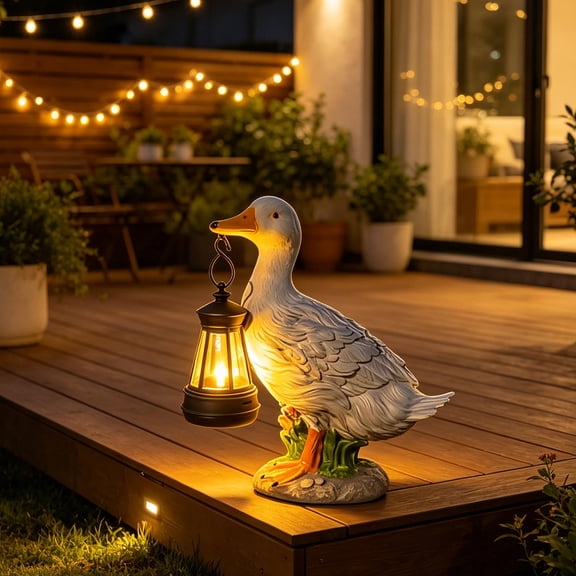Diceymbol Solar White Duck Garden Statue Resin Sculpture Hanging Solar Lantern Waterproof LED for Lawn Patio Tabletop Outdoor Decor 5In