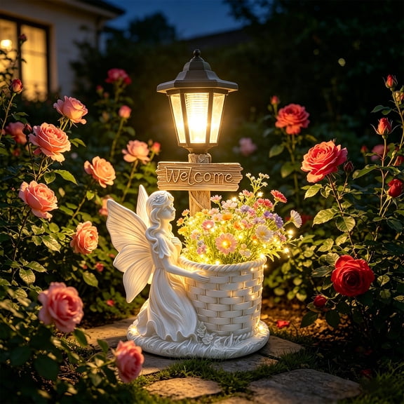 Diceymbol Solar Winged Fairy Statue with Planter Welcome Sign Waterproof Solar LED for Porch Lawn Patio Outdoor Decor 14In White