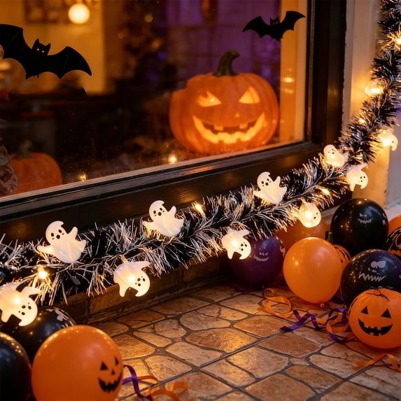 Diceymbol Spooky Cute Ghost Tinsel LED Lights Halloween Decor for Patio Yard Home Party Decorations 10 Ft