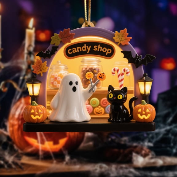 Diceymbol Spooky Cute Halloween Hanging Decorations Friendly Ghost Scene Ornaments with Lantern and Cat Designs for Halloween Tree Home Decor and Party Display