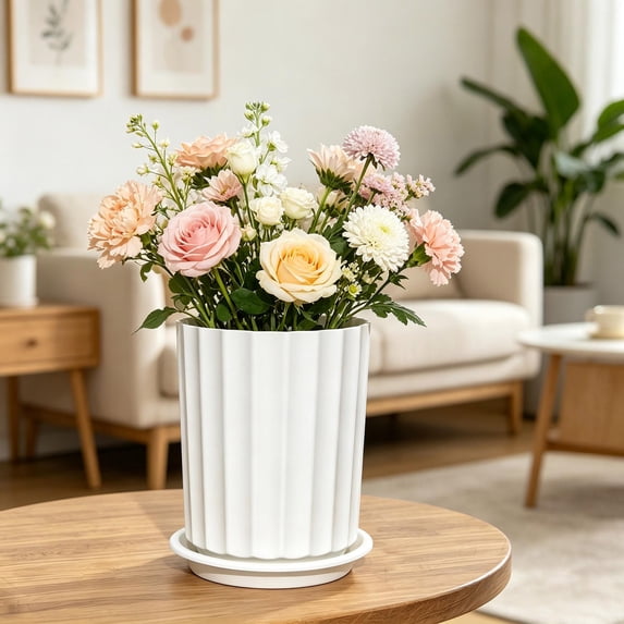 Diceymbol Tall Ribbed Planter with Saucer 11 Inch White Flower Pot for Indoor Outdoor Patio Balcony Plants