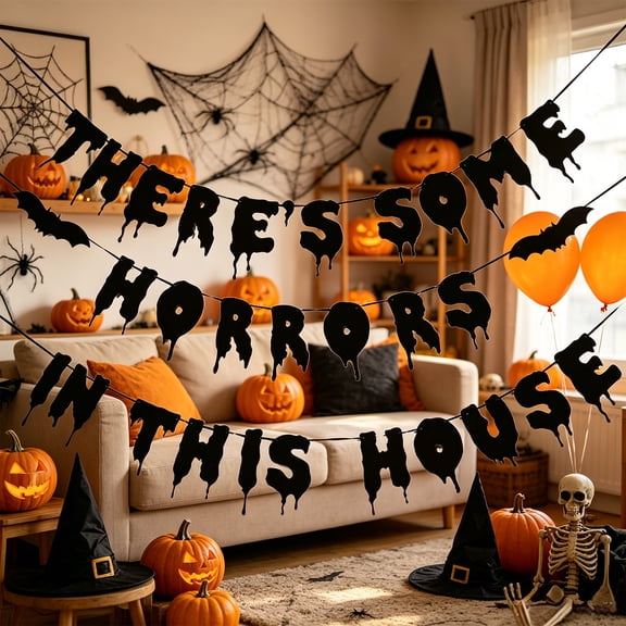 Diceymbol There's Some Horrors In This House Halloween Banner with Drip Font Bat Cutouts for Yard Porch Party Decor 197 Inch