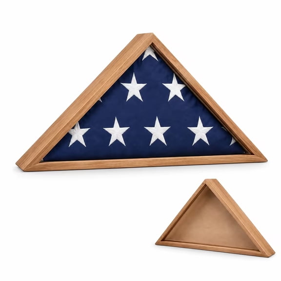 Diceymbol Triangular Solid Wood American Flag Display Case with Tempered Glass for Veteran Memorial Patriotic Home Decor 17In
