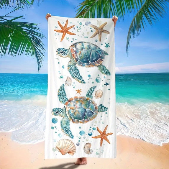 Diceymbol Watercolor Sea Turtle Beach Towel, Super Lightweight Starfish Shell Bath Towel, Sandproof Quick Dry Blanket, Multi-Purpose Towel For Summer Pool Beach Picnic 59.06x27.56 Inch