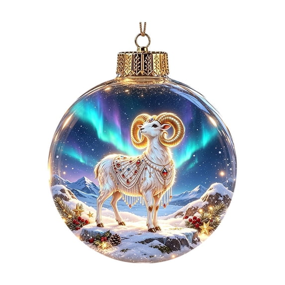 Diceymbol White Ram Aurora Borealis Christmas Ball Ornament, 3.15 In Plastic Hanging Decoration with Arctic Winter Landscape Artwork