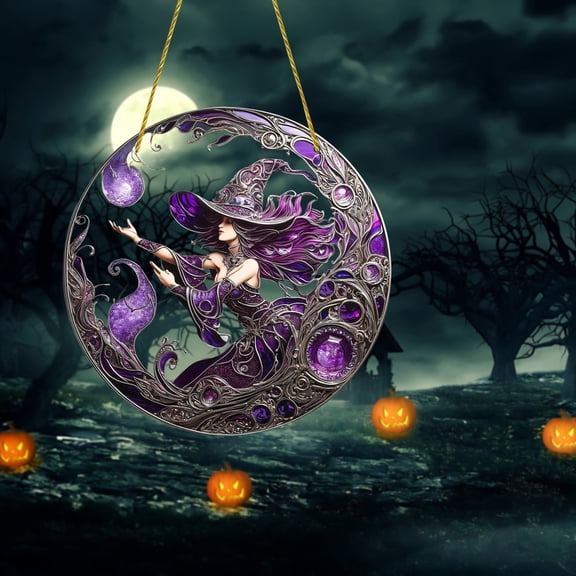 Diceymbol Witch with Crystal Pendant Acrylic Wall Hanging Decor with Sparkling Diamonds for Windows, Doors & Gothic Home Decoration