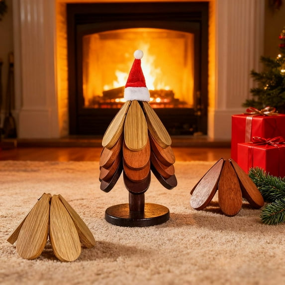 Diceymbol Wooden Trivets for Hot Dishes Tree Shape Trivet Set A Wooden Table Tripod Wearing A Christmas Hat Foldable Kitchen Wooden Trivet,for Hot Dishes、Pot、Bowl、Teapot、Hot Pot Holder