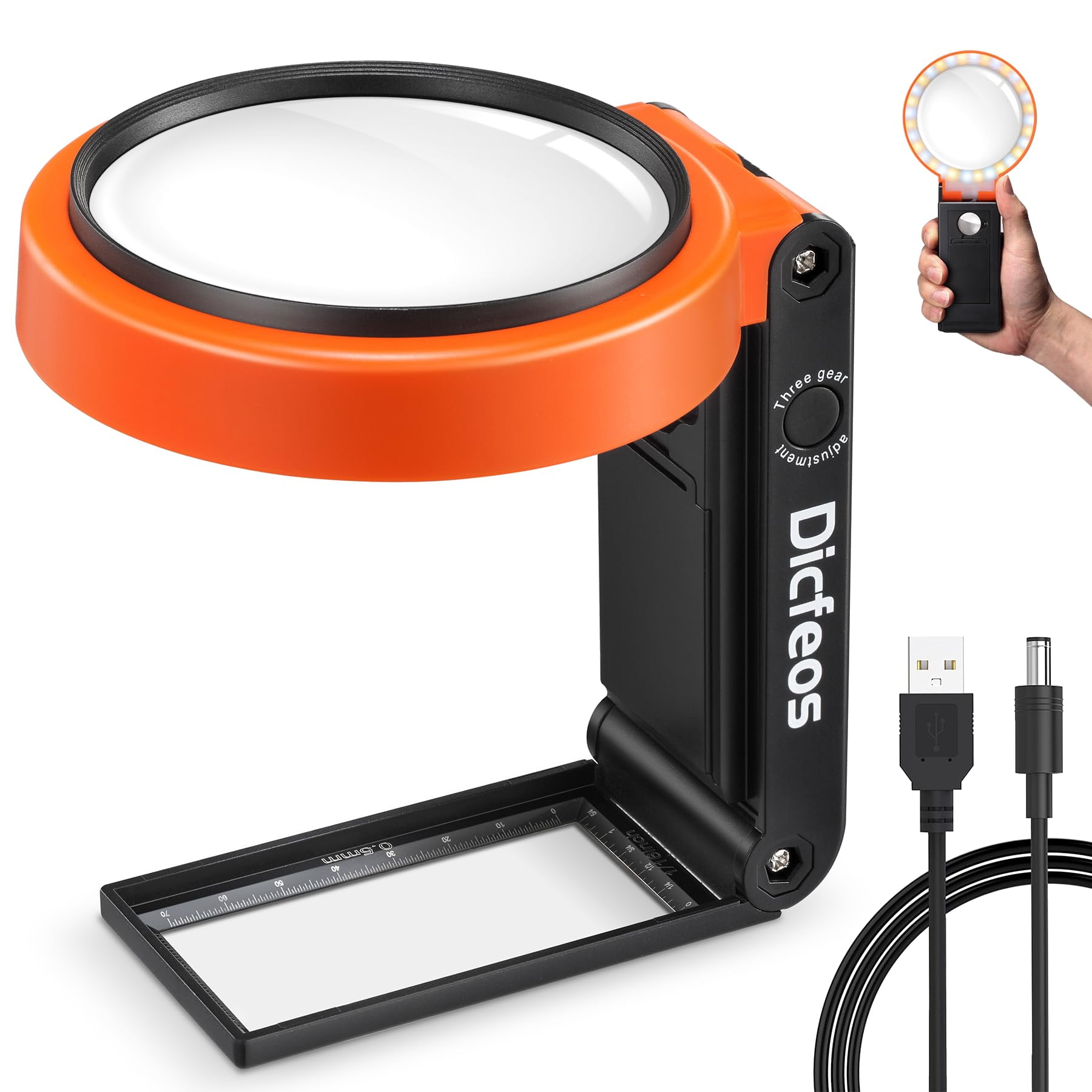 Dicfeos 30X 40X Magnifying Glass with Light and Stand, Folding Design 32 LED Illuminated for Close Work, Handheld Large Glasses Reading, Powered by Battery or USB