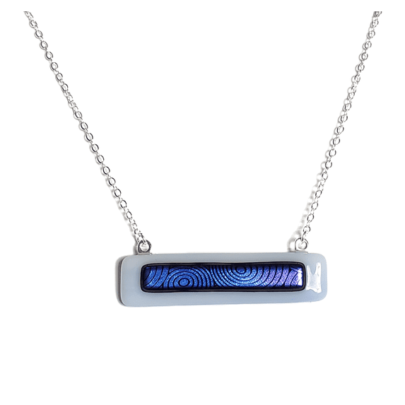 Dichroic Blue Circles on Light Blue Fused Glass Bar Necklace