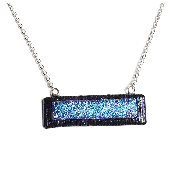 Dichroic Blue on Black Striped Fused Glass Bar Necklace