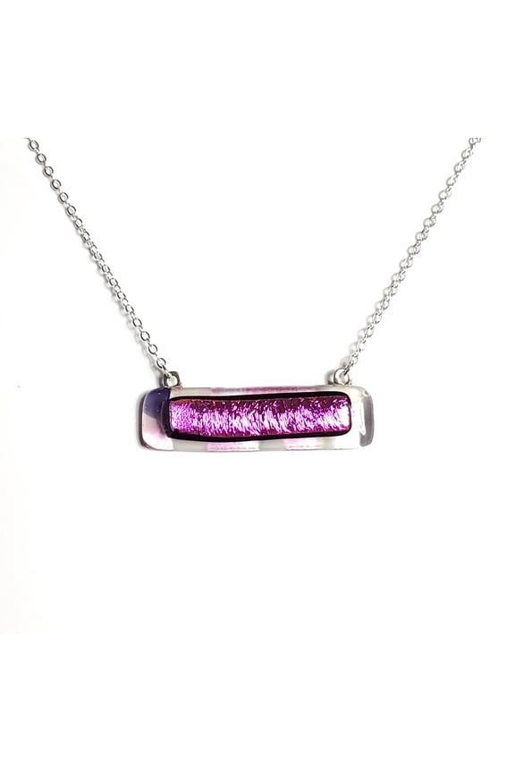 Dichroic Fuchsia Pink on Striped Fused Glass Bar Necklace