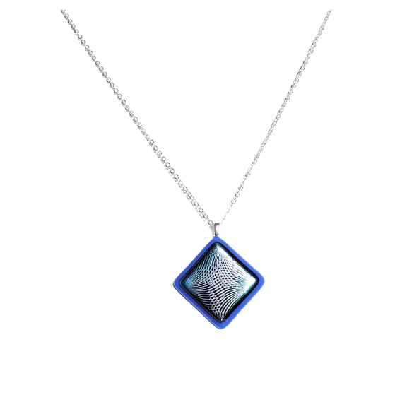 Dichroic Geometric on Cobalt Blue Fused Glass Pendant Necklace
