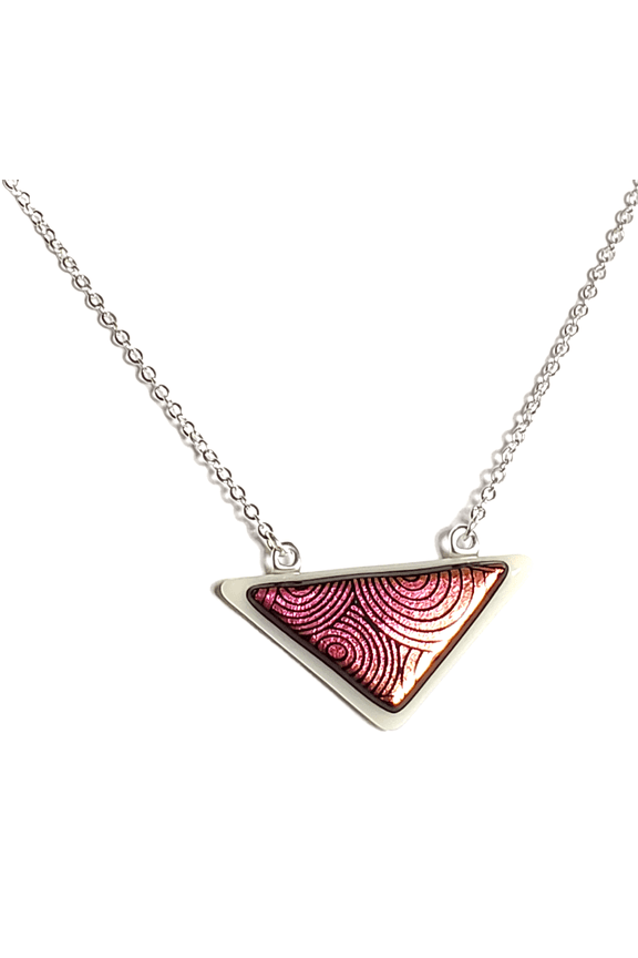 Dichroic Pink Circles on White Fused Glass Triangle Necklace