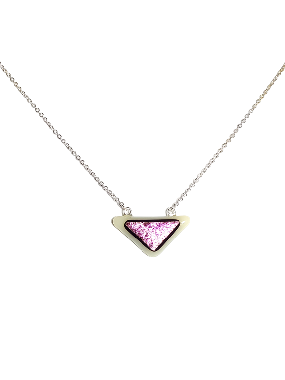 Dichroic Pink Triangle on White Fused Glass Necklace