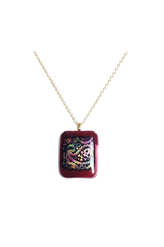 Dichroic Rainbow Skull Paisley Fused Glass Necklace