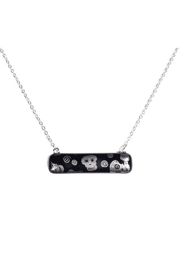 Dichroic Silver Skulls on Black Fused Glass Bar Necklace