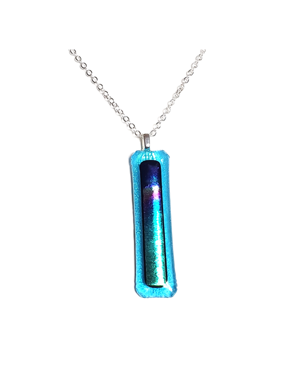 Dichroic Sunset on Blue Fused Glass Bar Necklace