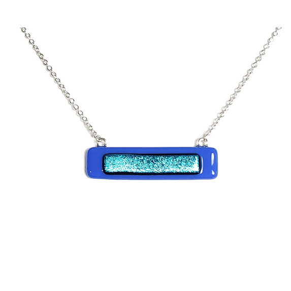 Dichroic Teal Blue on Blue Fused Glass Bar Necklace