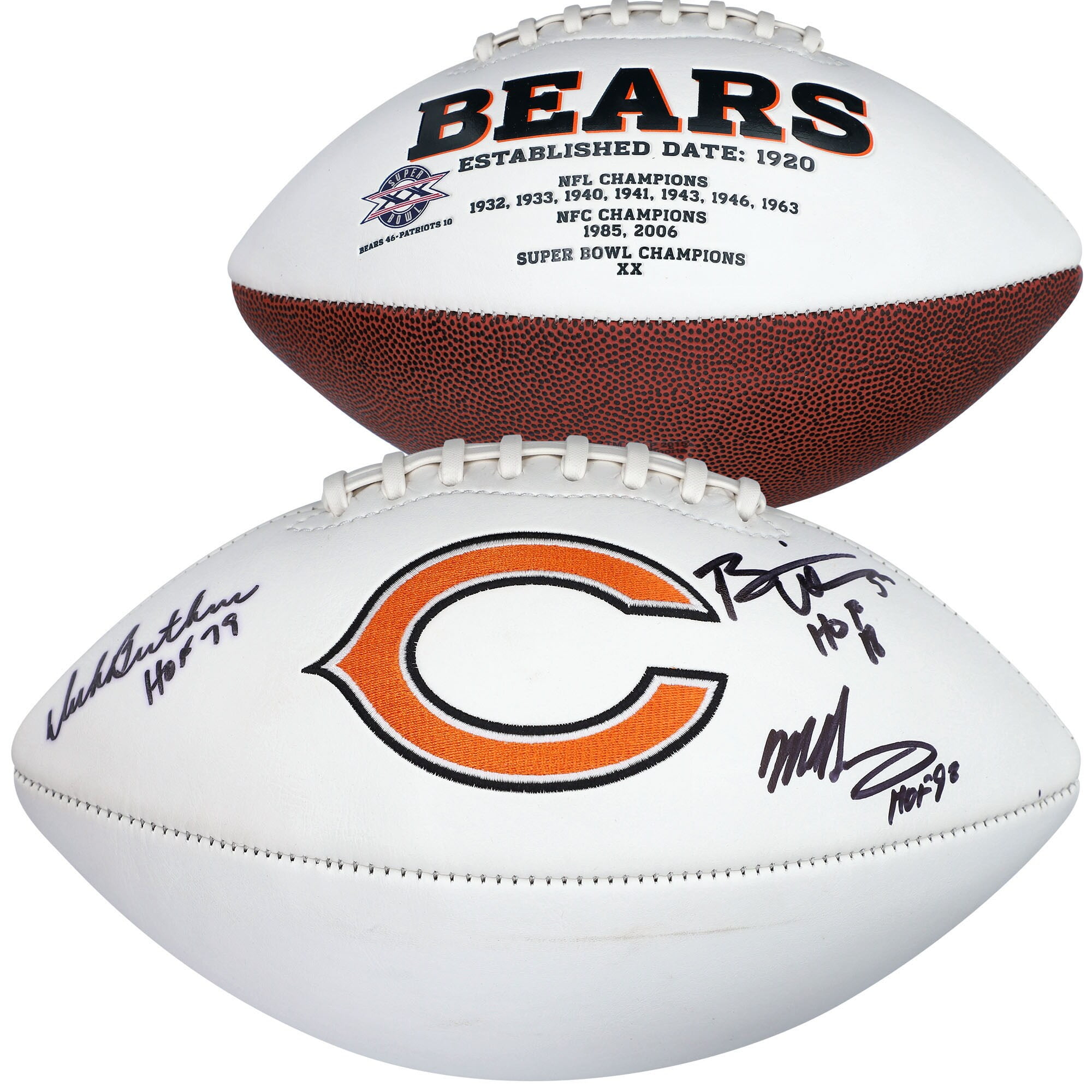 Dick Butkus Mike Singletary & Brian Urlacher Chicago Bears Autographed  White Panel Football with Hall of Fame 