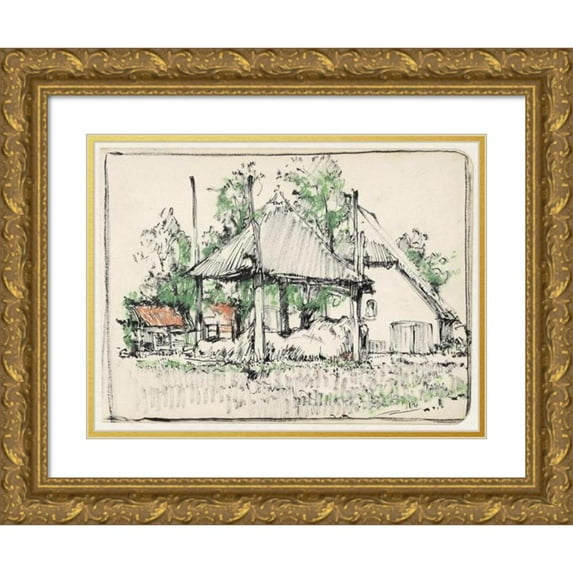 Dick Ket 14x11 Gold Ornate Wood Frame and Double Matted Museum Art Print Titled - Haystack on Farmyard (Near Hoorn) (1912)