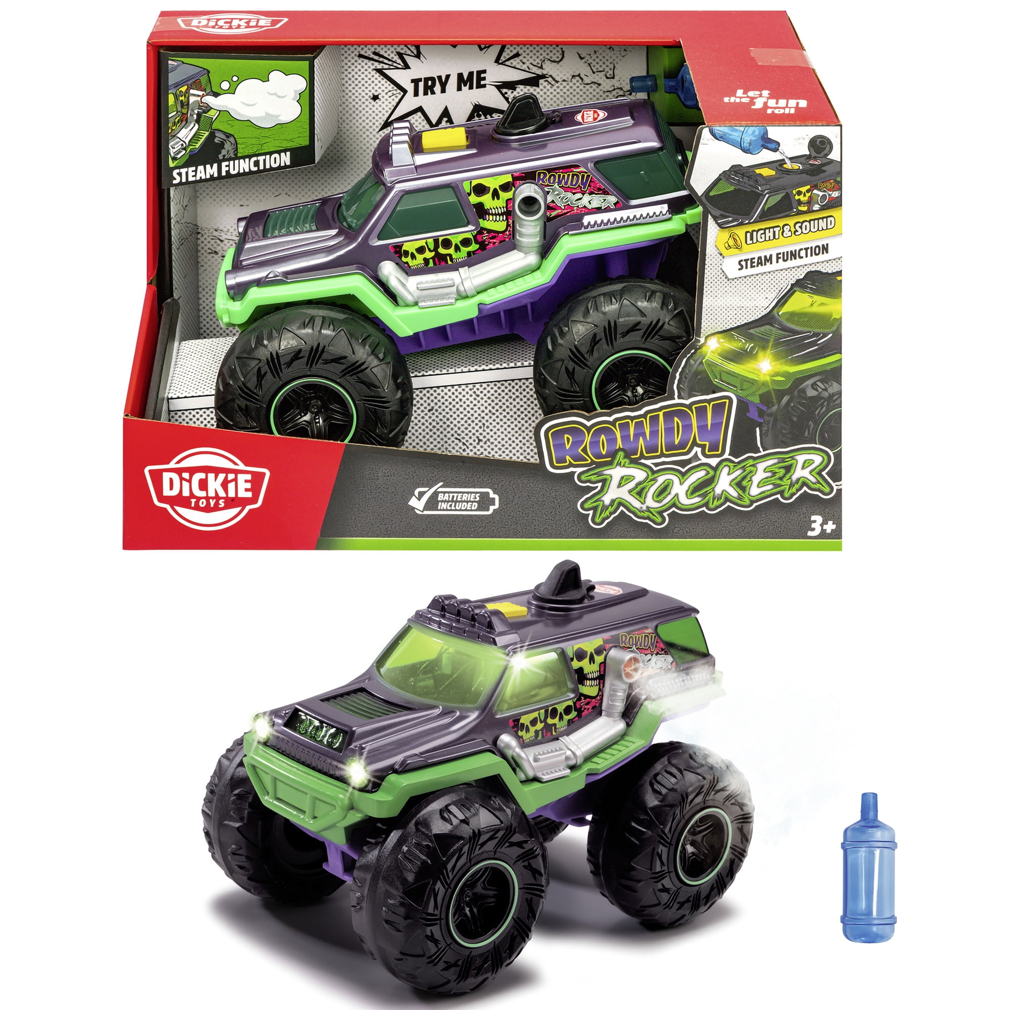 Dickie Toys: Rowdy Rocker Monster Truck – Green & Purple - 9.8" Light & Sound Freewheel Toy Vehicle, Smoking Effect, Suspension, Rubber Tires, Kids 3+