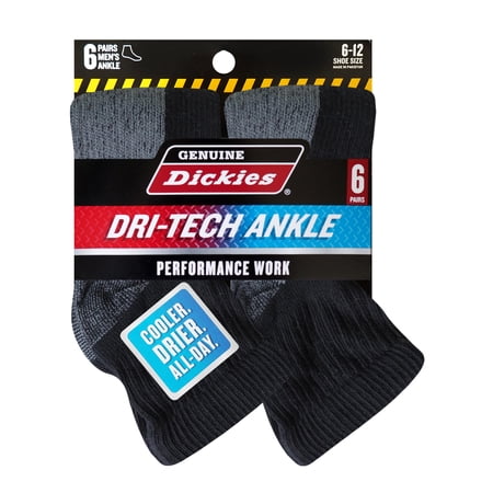 Dickies Men's Dritech Quarter 6-Pack with Grey Pad, Size 6-12, Moisture Wicking Socks