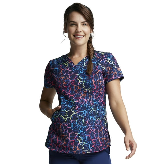 Dickies Dynamix Medical Scrubs Top For Women V-Neck DK766, M, Colorful Crackle