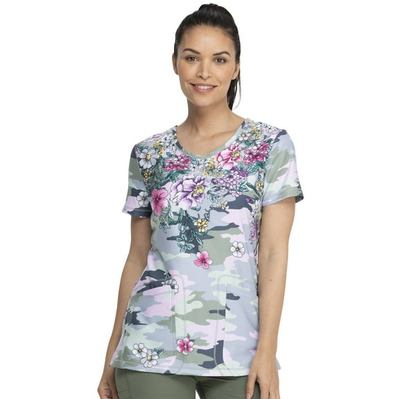 Dickies Dynamix Medical Scrubs Top for Women V-Neck DK618, S, Flower Frenzy Camo