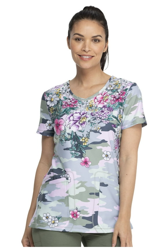 Dynamix Medical Scrubs Top for Women V-Neck DK618, S, Flower Frenzy Camo