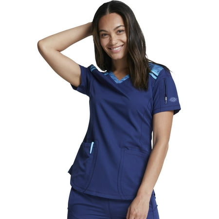 Dickies Dynamix Medical Scrubs Top for Women V-Neck DK740, XXS, Navy
