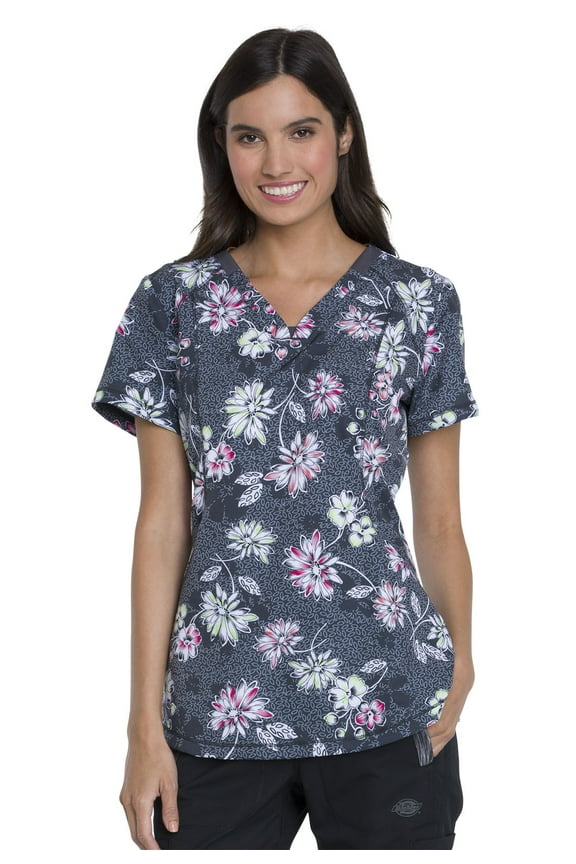 Dynamix Medical Scrubs Top for Women V-Neck DK766, XS, Bursting Blooms
