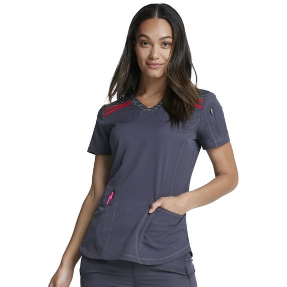Dickies Dynamix Scrubs Top for Women V-Neck Plus Size DK740, 3XL, Pewter / Red