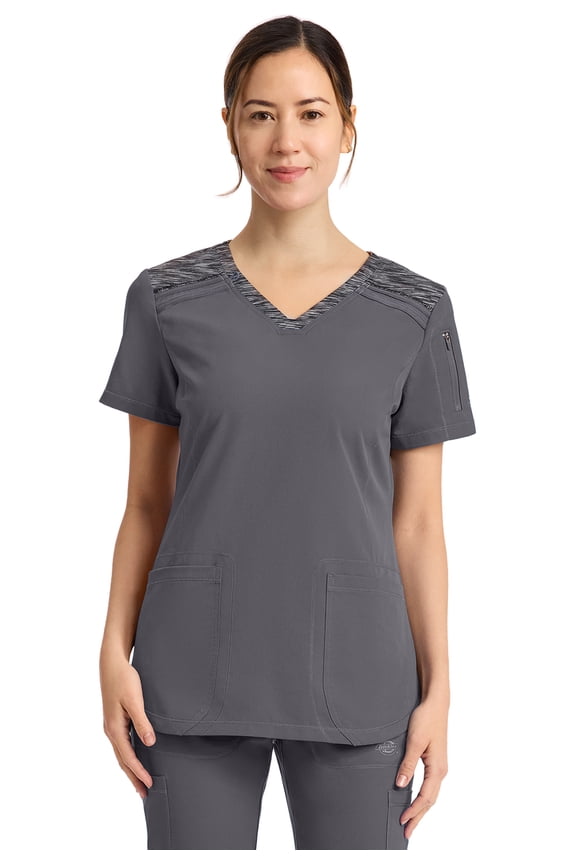 Dynamix Womens Tops, Athletic-Inspired Mélange V-Neck Scrub Top with Four-Way Stretch and Moisture Wicking, DK740, Pewter, XXS