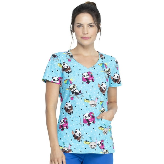 Dickies EDS Medical Scrubs Top for Women V-Neck DK700, XS, Hello Sunshine Panda