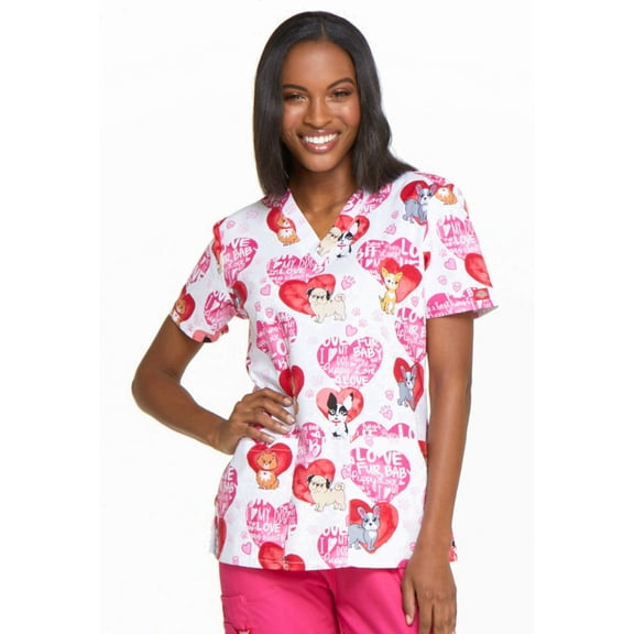 Dickies EDS Medical Scrubs Top for Women V-Neck DK704, XS, Fur Baby