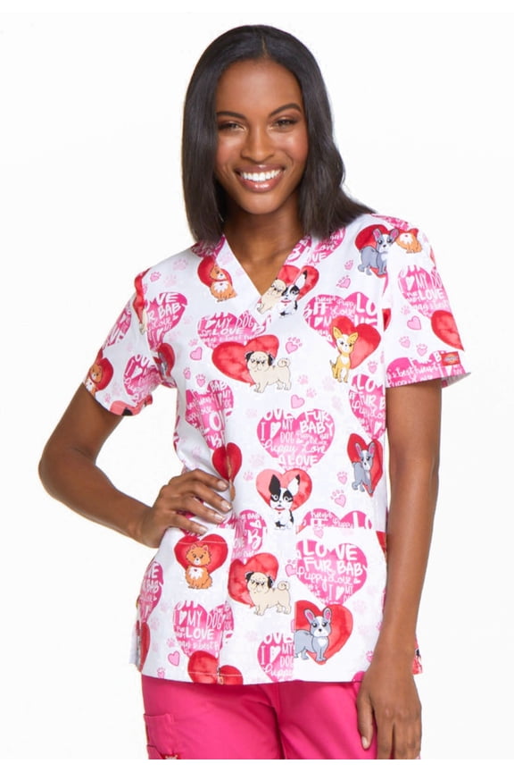 EDS Medical Scrubs Top for Women V-Neck DK704, XS, Fur Baby