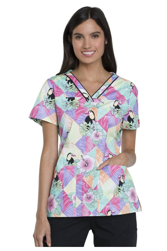 EDS Medical Scrubs Top for Women V-Neck DK709, S, Toucan Paradise