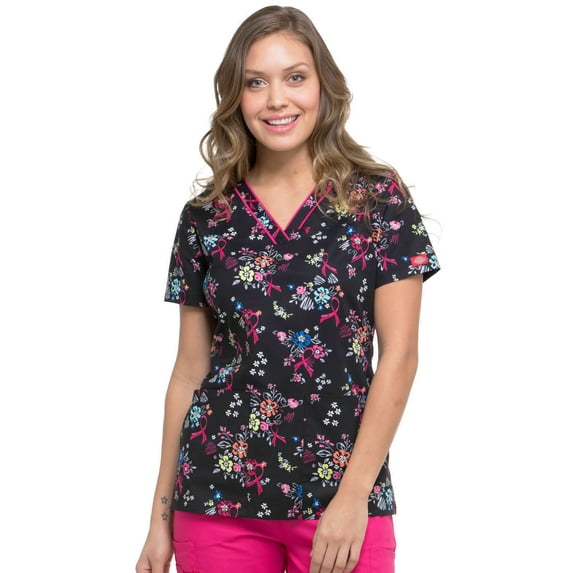 Dickies EDS Medical Scrubs Top for Women V-Neck DK709, XS, Beautiful Petals