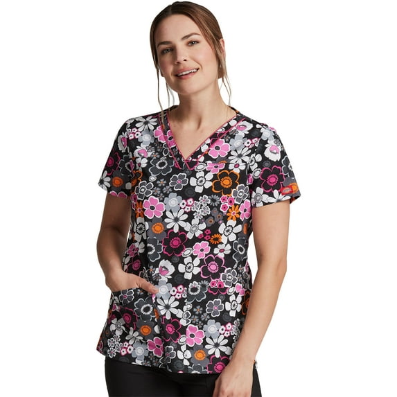 Dickies EDS Medical Scrubs Top for Women V-Neck DK709, XS, Boho Botanicals
