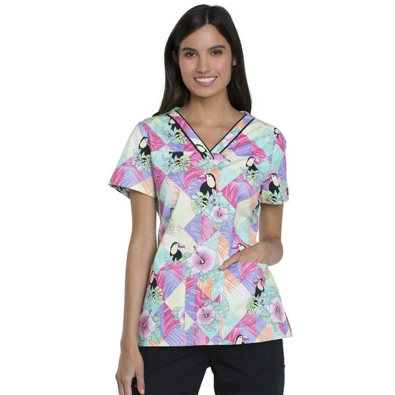 Dickies EDS Medical Scrubs Top for Women V-Neck DK709, XS, Toucan Paradise