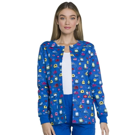 Dickies EDS Scrubs Jacket For Women Snap Front Warm Up DK306, S, Cool Bugs