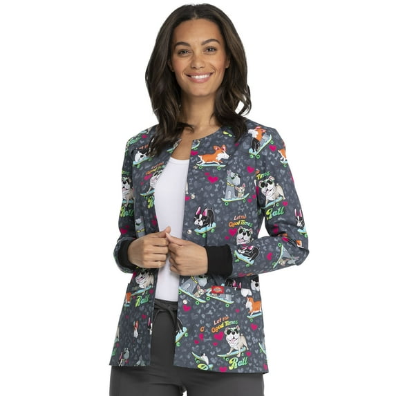 Dickies EDS Scrubs Jacket For Women Snap Front Warm Up DK306, XXS, Good Times Roll