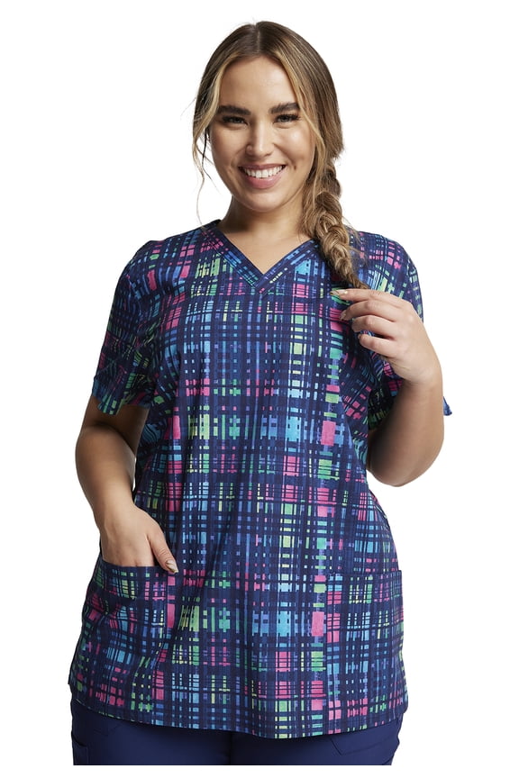 EDS Women Scrubs Top V-Neck DK704, XS, Glowing Plaid