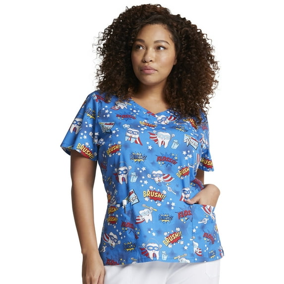 Dickies EDS Scrubs Top For Women V-Neck Plus Size DK721, 4XL, Super Smile